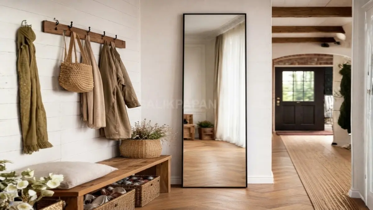 Cermin dinding memperluas visual sudut pintu, membantu mengecek penampilan, sekaligus menghemat ruang tanpa furnitur besar. (BTV/AI)