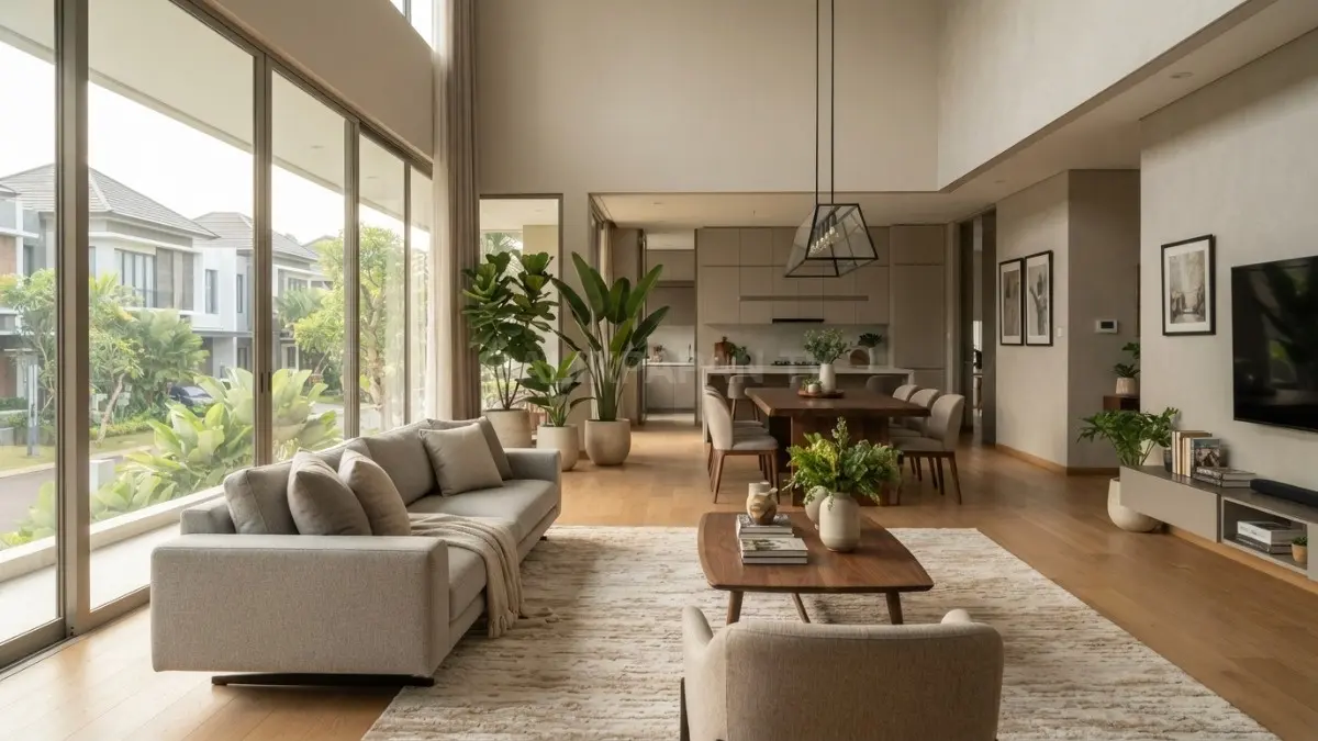 Desain interior rumah berkonsep terbuka yang elegan dengan penataan ruang keluarga dan makan. (BTV/Ai)