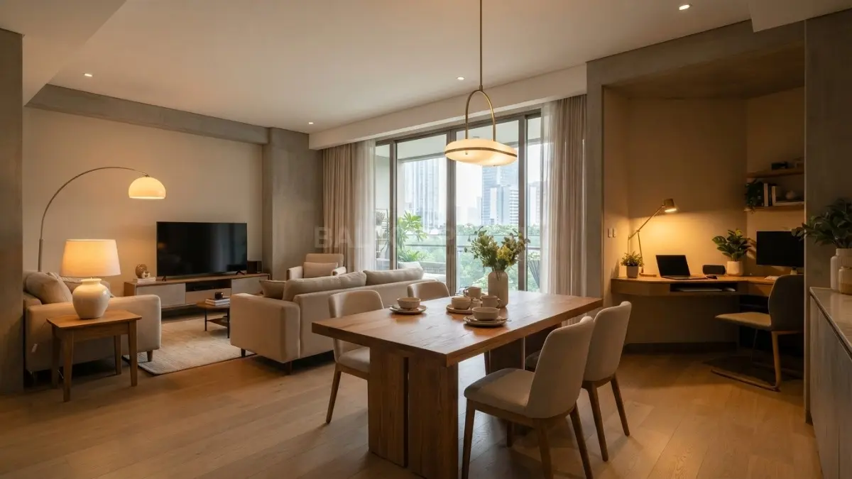 Desain interior rumah modern terbuka dengan pencahayaan berlapis untuk memisahkan area secara visual. (BTV/Ai)
