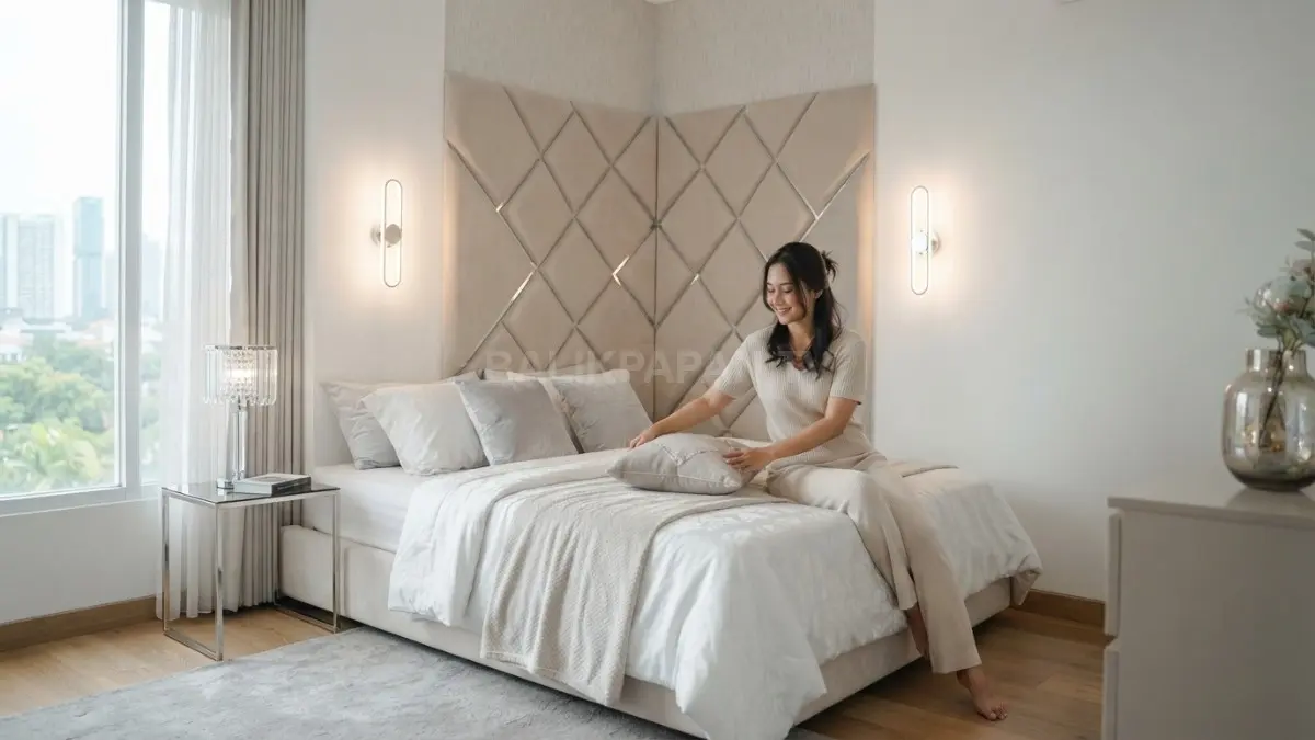 Headboard geometris putih dan silver menjadi pusat kamar diamond dengan pencahayaan lembut serta dekorasi elegan (BTV/AI)