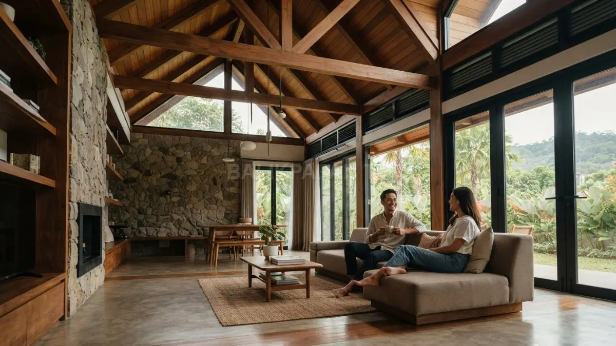 Interior rumah bergaya Swiss menampilkan balok kayu terekspos, plafon tinggi, dan lampu gantung hangat (BTV/AI)