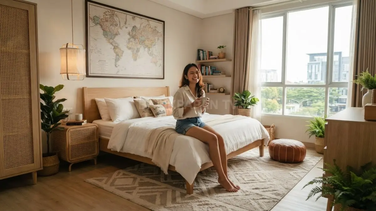 Kamar bertema world memadukan material natural, kayu, rotan, linen, dan dekorasi global untuk suasana hangat nyaman (BTV/AI)