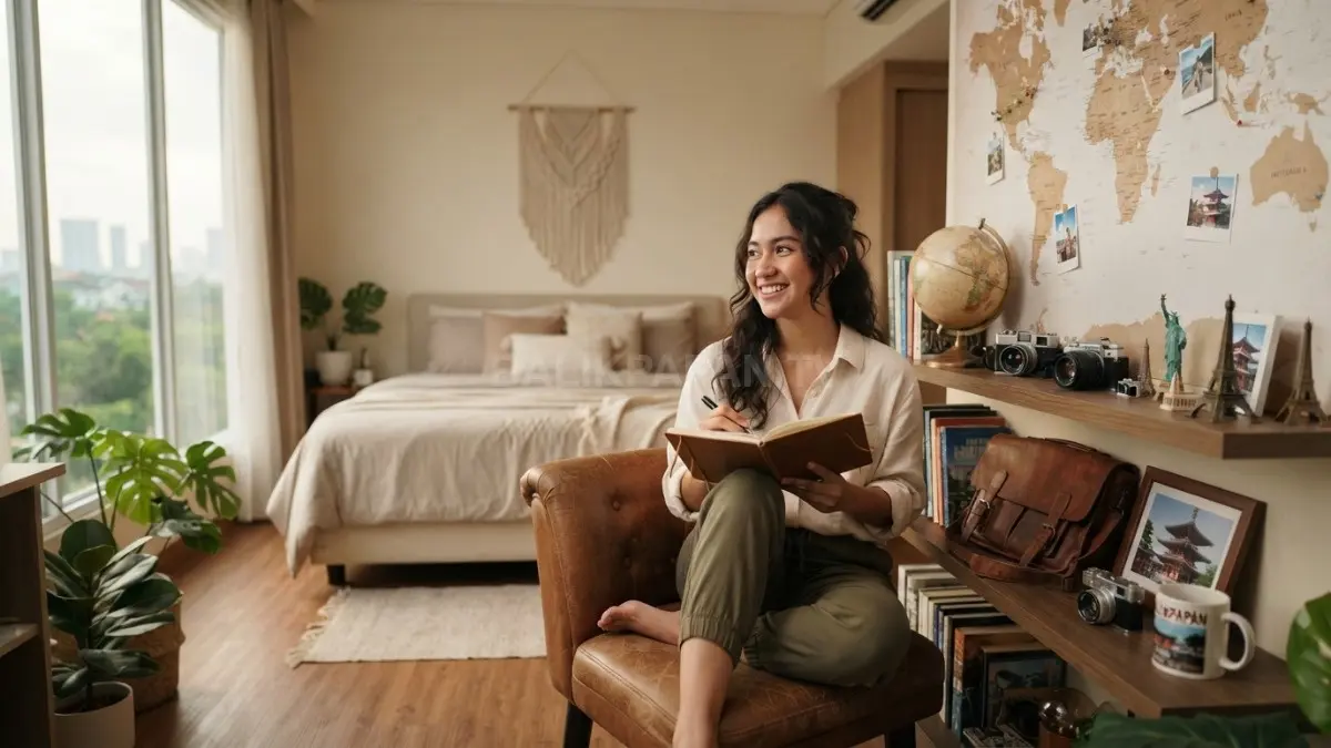 Kamar bertema world memadukan peta, globe, pencahayaan hangat, dan dekorasi perjalanan untuk suasana global nyaman (BTV/AI)