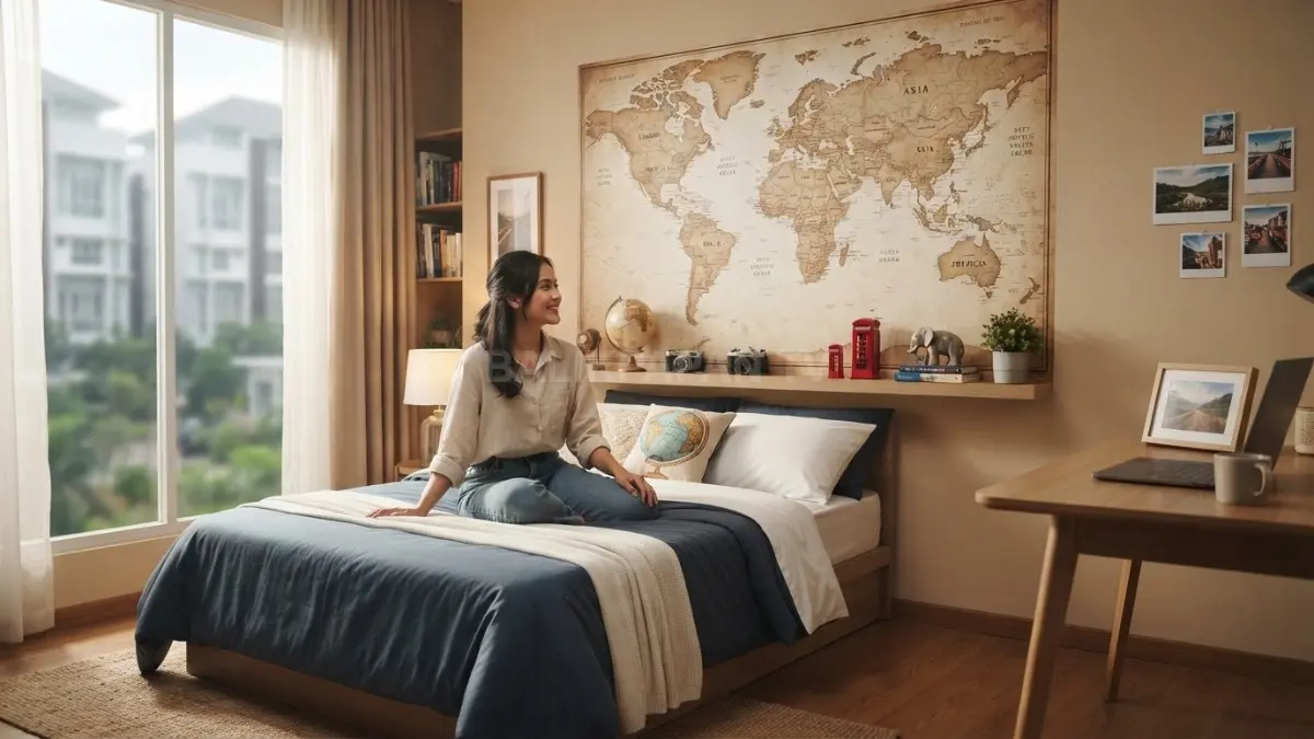 Kamar bertema world menampilkan peta dunia sebagai pusat dekorasi dengan nuansa perjalanan yang hangat (BTV/AI)