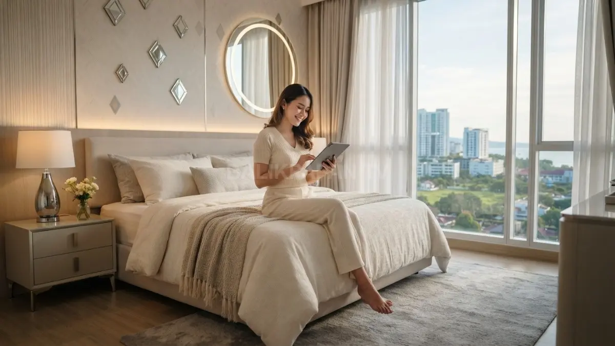 Kamar diamond bergaya soft luxury memadukan tekstur lembut, aksen kristal, dan furnitur elegan secara harmonis. (BTV/AI)