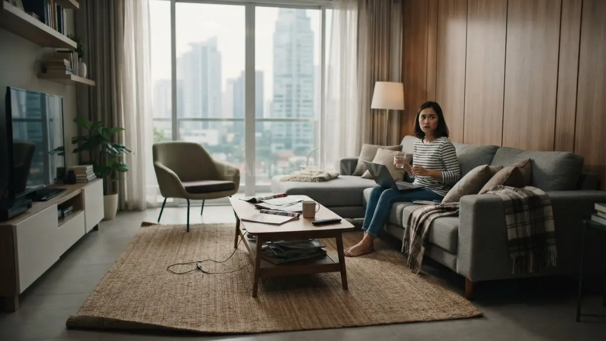 Karpet dan sofa yang tidak sejajar dapat mengganggu arah visual sehingga ruang tamu terasa kurang menyatu dan teratur (BTV/AI)