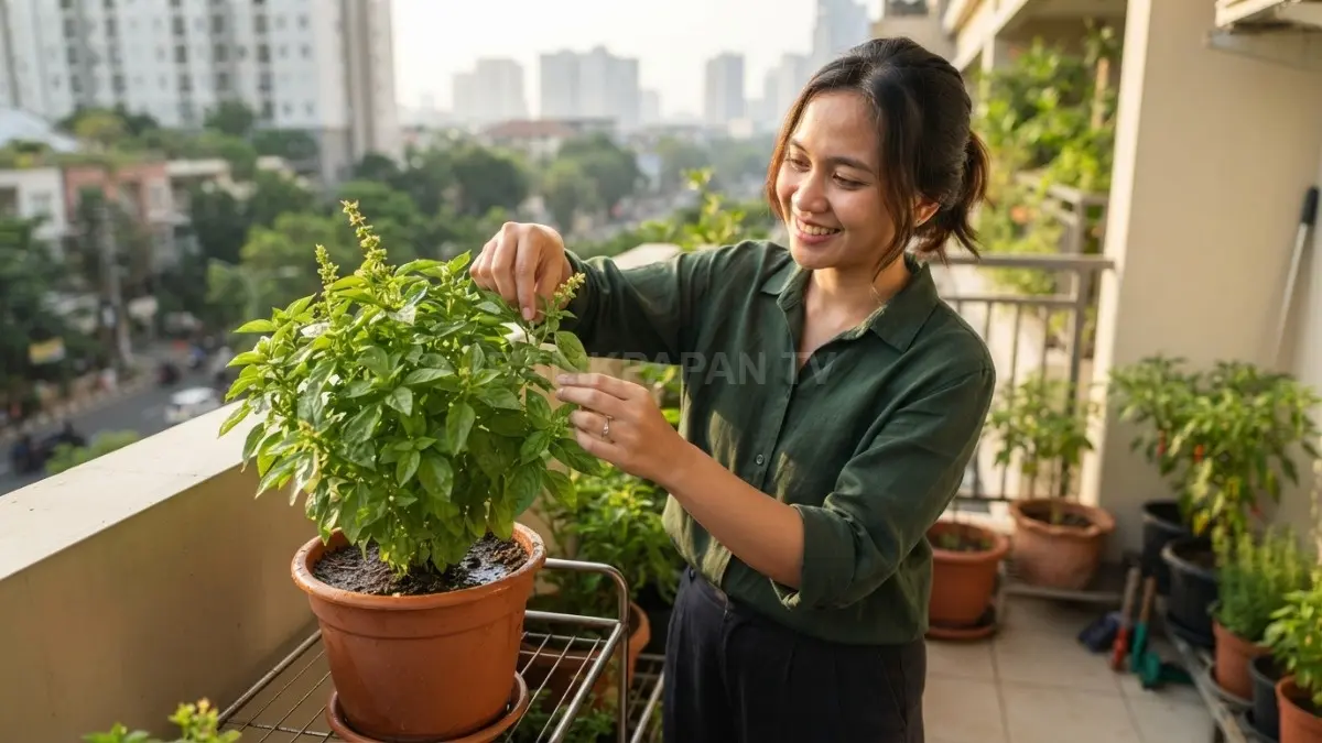 Kemangi melengkapi kebun sambal dengan aroma khas, sekaligus dapat tumbuh rimbun jika pucuknya rutin dipetik. (BTV/AI)