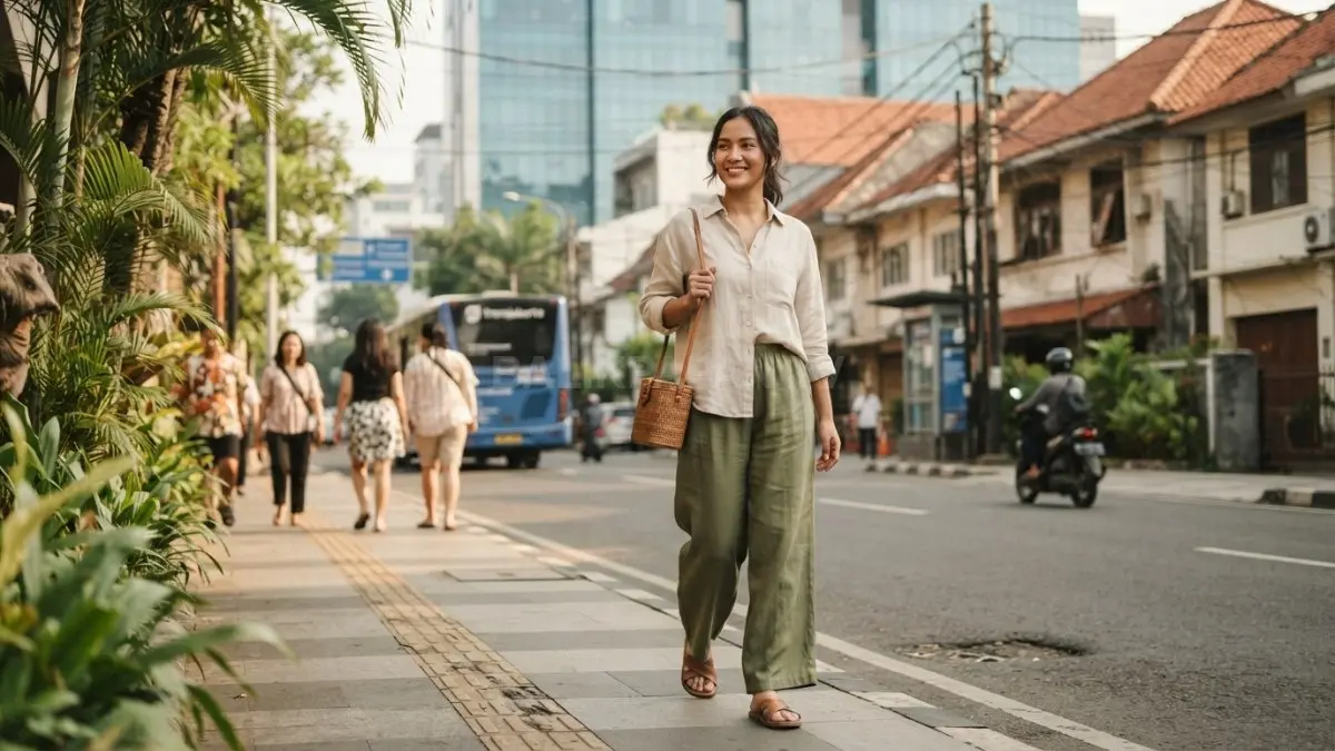 Kemeja linen dan celana wide-leg menjadi kombinasi outfit ringan yang cocok untuk aktivitas harian di cuaca tropis. (BTV/AI)