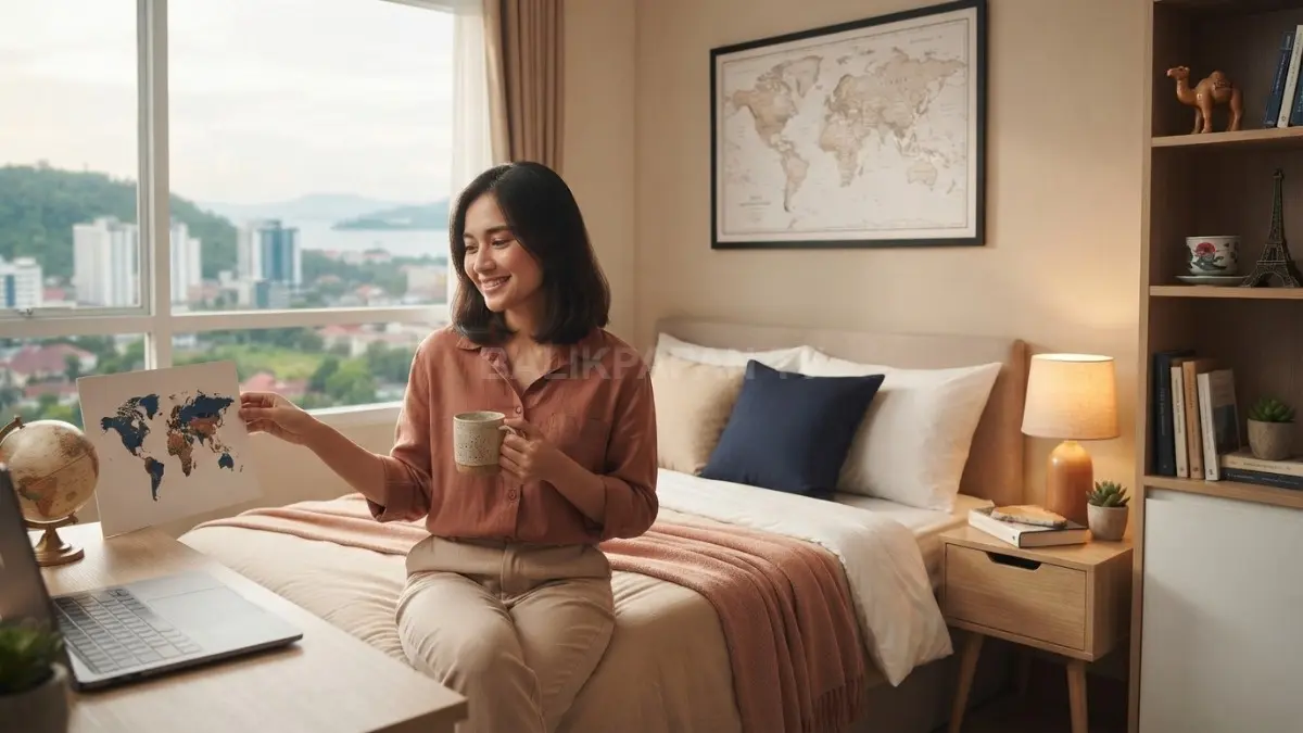 Keterangan Gambar: Kamar bertema world memadukan warna global, dekorasi perjalanan, dan nuansa nyaman untuk beristirahat setiap malam (BTV/AI)