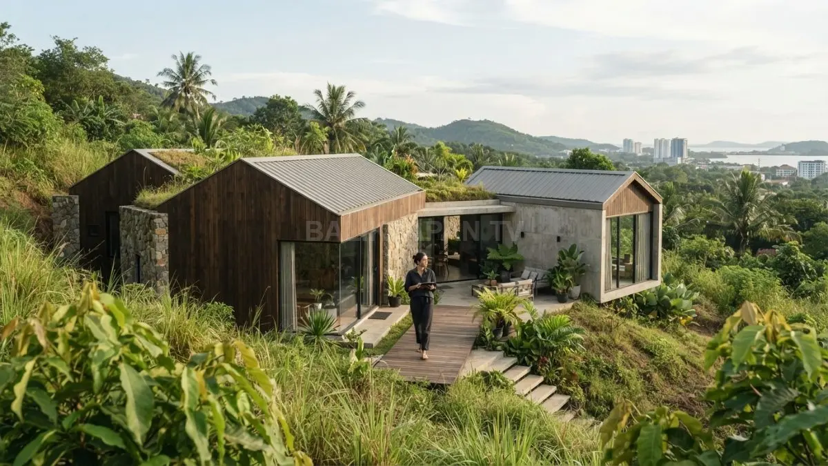Keterangan Gambar: Rumah modular rendah memadukan batu, kayu, kaca, dan atap miring untuk menciptakan hunian modern menyatu alam (BTV/AI)