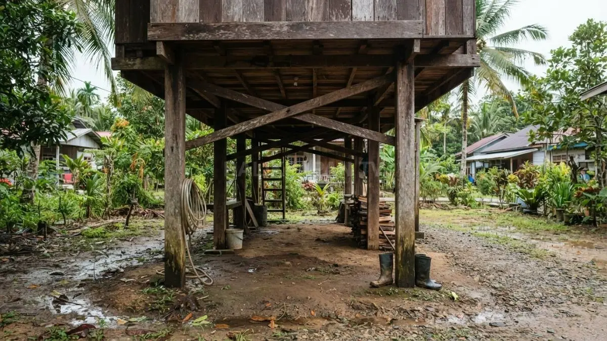 Kolong rumah panggung membantu mengurangi kelembapan, mendukung aliran air, dan memudahkan pemeriksaan struktur bangunan. (BTV/AI)