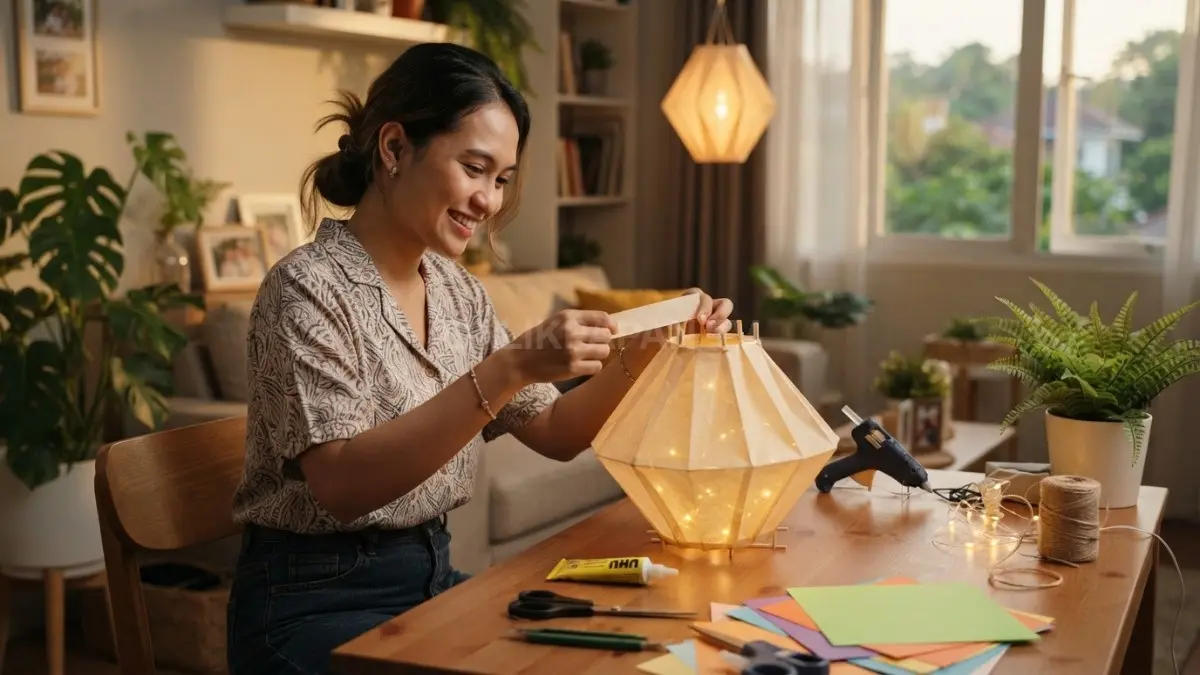 Lampion kertas sederhana dengan lipatan rapi dan cahaya LED menghadirkan suasana hangat untuk dekorasi rumah (BTV/AI)