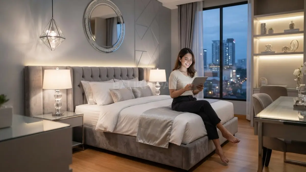 Lampu warm white memantulkan kilau kristal dan kaca, menciptakan suasana kamar diamond elegan serta nyaman (BTV/AI)