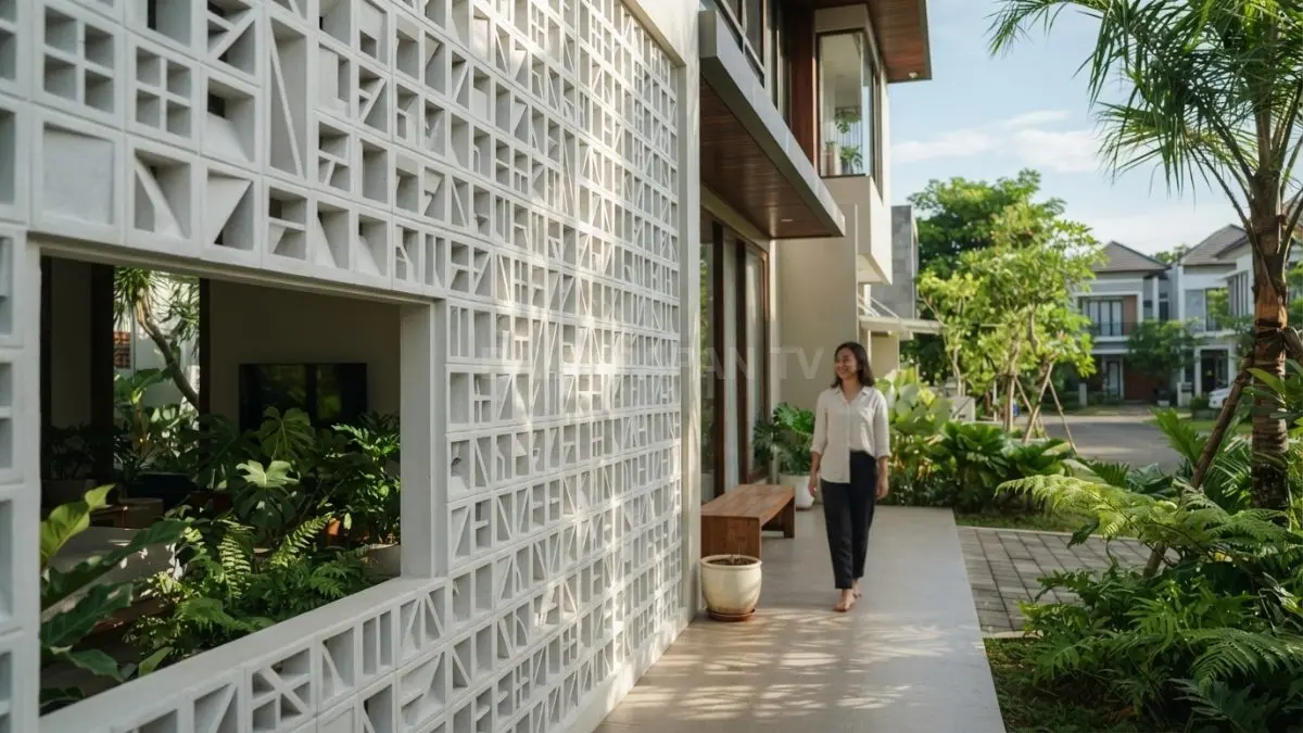Lubang angin membantu sirkulasi udara, mengurangi panas, dan mempercantik fasad rumah tropis melalui desain berpori. (BTV/AI)