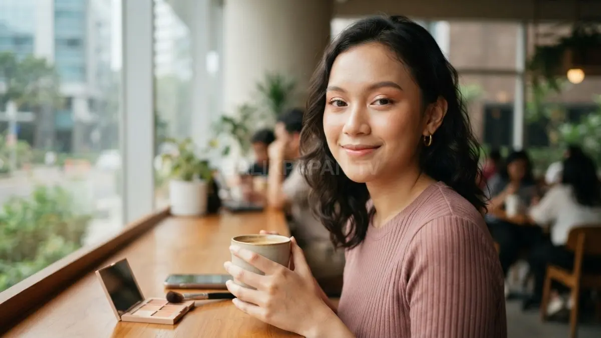 Mata natural dengan eyeshadow hangat, eyeliner tipis, dan maskara ringan menciptakan tampilan Korea manis serta segar (BTV/AI).