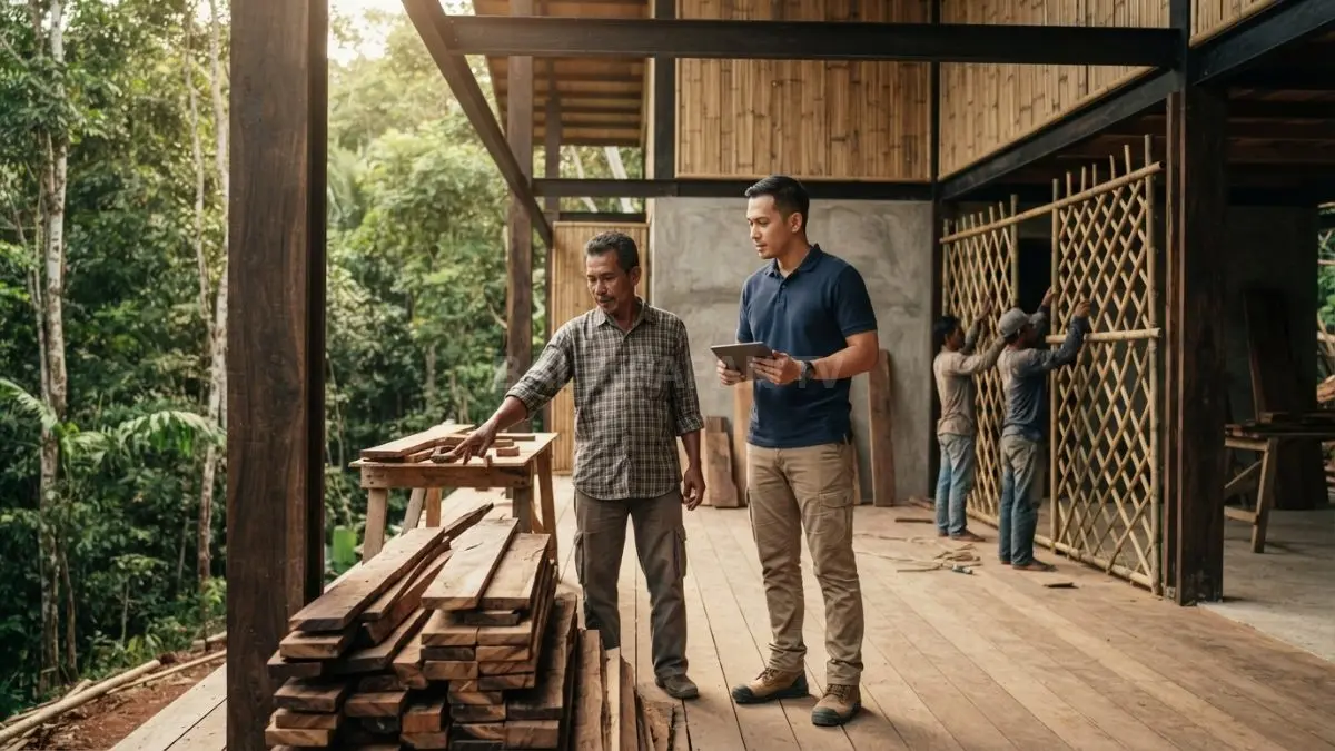 Material lokal Kalimantan seperti ulin, bambu, dan rotan menghadirkan identitas sekaligus mengingatkan pentingnya konservasi. (BTV/AI)