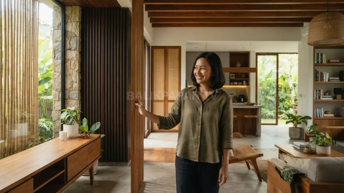 Material lokal menghadirkan identitas daerah melalui kayu, bambu, anyaman, dan batu tanpa menghilangkan kesan modern rumah. (BTV/AI)