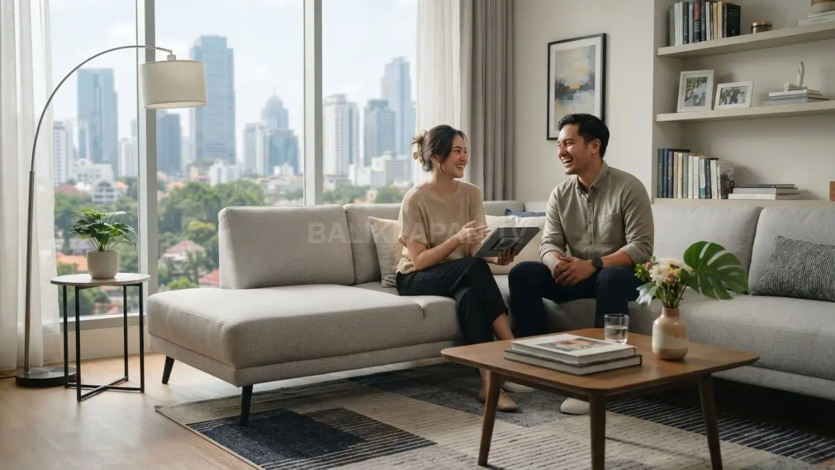 Menentukan sofa sebagai patokan membantu menyelaraskan karpet, meja, lampu, dan dekorasi agar ruang terlihat lebih teratur. (BTV/AI)