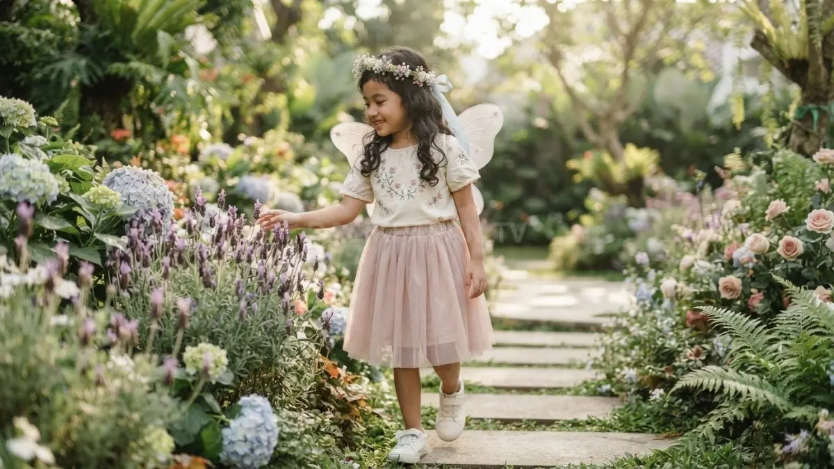 Outfit fairy garden bernuansa lembut dengan dress floral warna pastel dan aksesori ringan yang nyaman (BTV/AI)