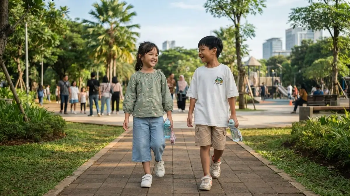 Outfit outdoor anak memadukan kaos nyaman, celana ringan, dan sepatu aman agar bebas bergerak kegiatan. (BTV/AI)