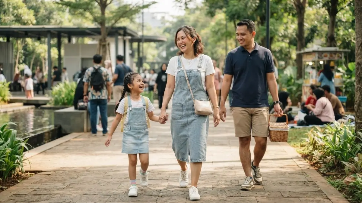 Overall denim menghadirkan gaya playful untuk aktivitas outdoor, dipadukan kaos nyaman dan sneakers agar bebas bergerak (BTV/AI).