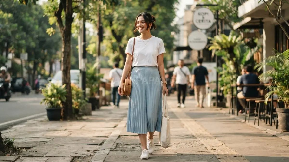 Padu padan rok midi, kaus katun, dan aksesori sederhana menciptakan gaya santai yang tetap stylish tanpa banyak layer.