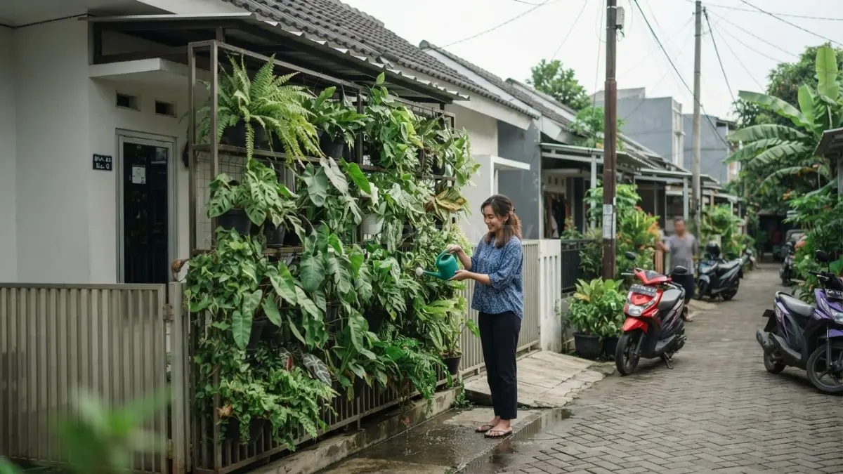 Pagar pot vertikal menghemat lahan, menghadirkan kesan hijau, rapi, dan minimalis pada area depan rumah terbatas (BTV/AI)