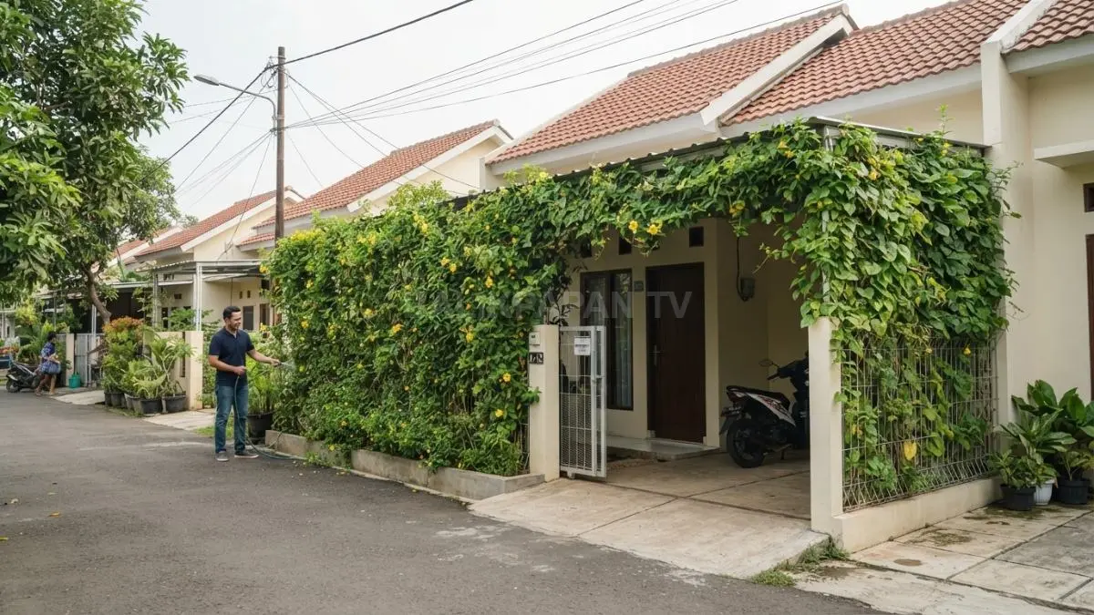Pagar tanaman rambat menghadirkan aksen hijau natural pada rumah subsidi tanpa mengganggu akses pintu jendela (BTV/AI)