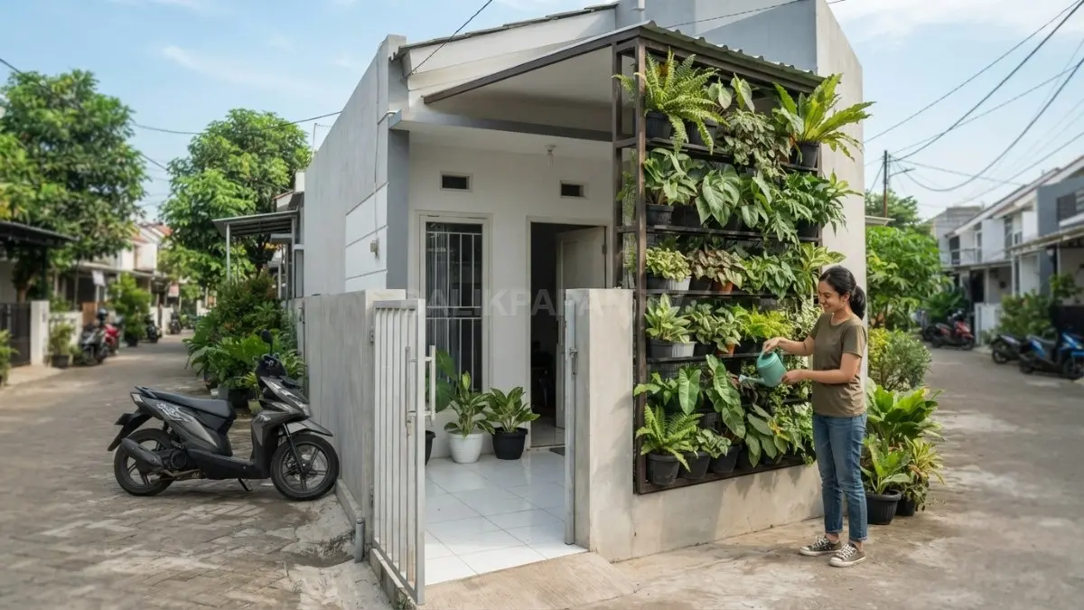Pagar vertikal dengan susunan pot bertingkat menghadirkan taman hijau sekaligus menjaga area depan rumah tetap lega dan rapi (BTV/AI)