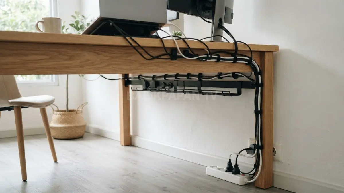 Penataan kabel rapi di bawah meja kerja modern untuk menciptakan area kerja yang minimalis. (BTV/Ai)