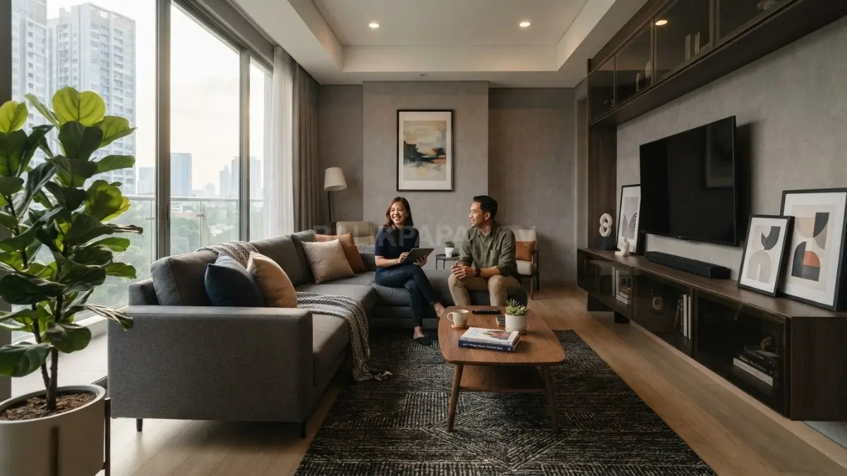 Penataan ruang tamu dengan sofa, karpet, meja, dan kabinet yang mengikuti garis visual utama.