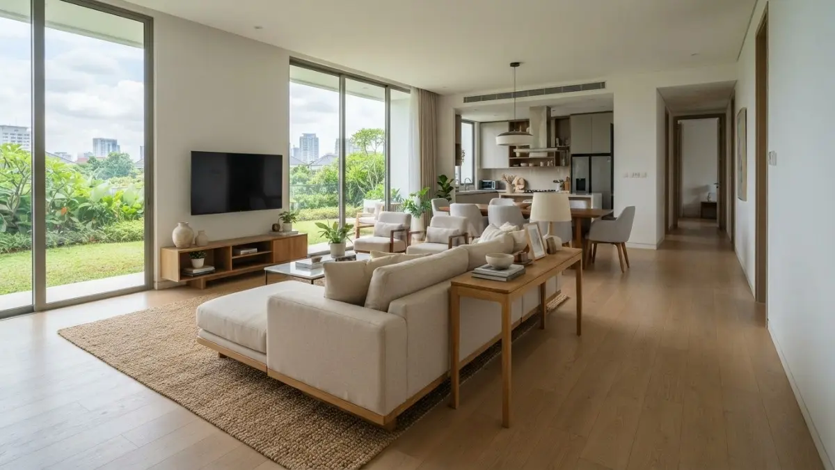 Penataan sofa modern sebagai pembatas area ruang tamu dan ruang makan secara elegan. (BTV/Ai)