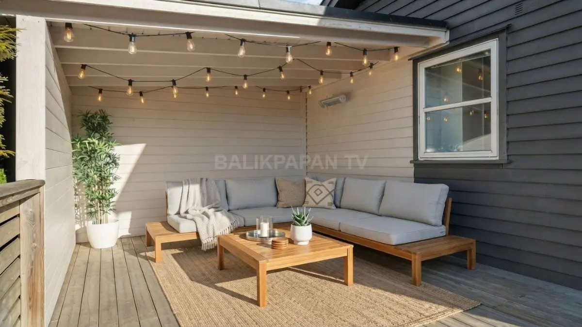 Pencahayaan warm white membuat teras rumah Balikpapan terasa hangat, nyaman, dan mengundang setelah matahari terbenam. (BTV/AI)