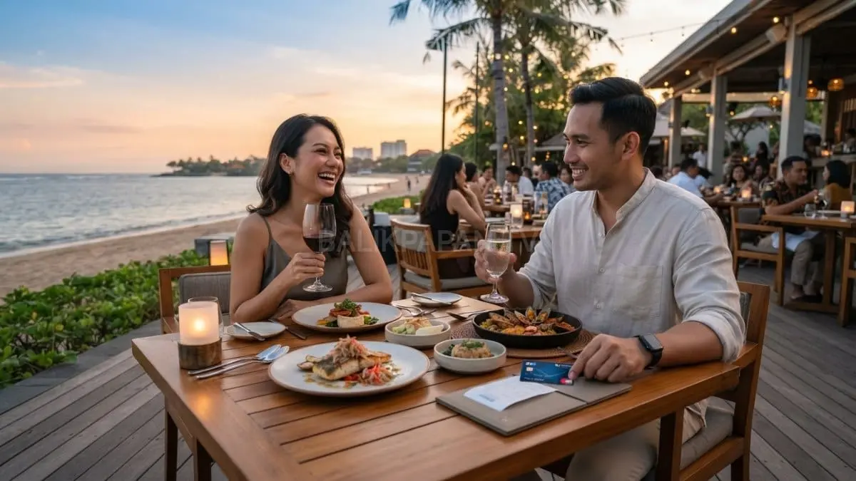 Pengunjung menikmati kuliner di outlet pilihan Bali dengan diskon 10% dari program BRI, melengkapi liburan [BTV:AI]