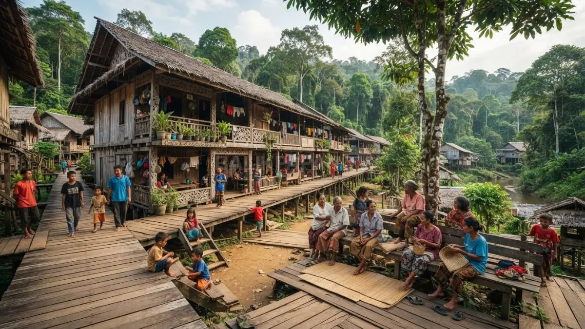 Permukiman Dayak memperlihatkan hubungan rumah, halaman, hutan, dan ruang sosial dalam kehidupan masyarakat Kalimantan. (BTV/AI)