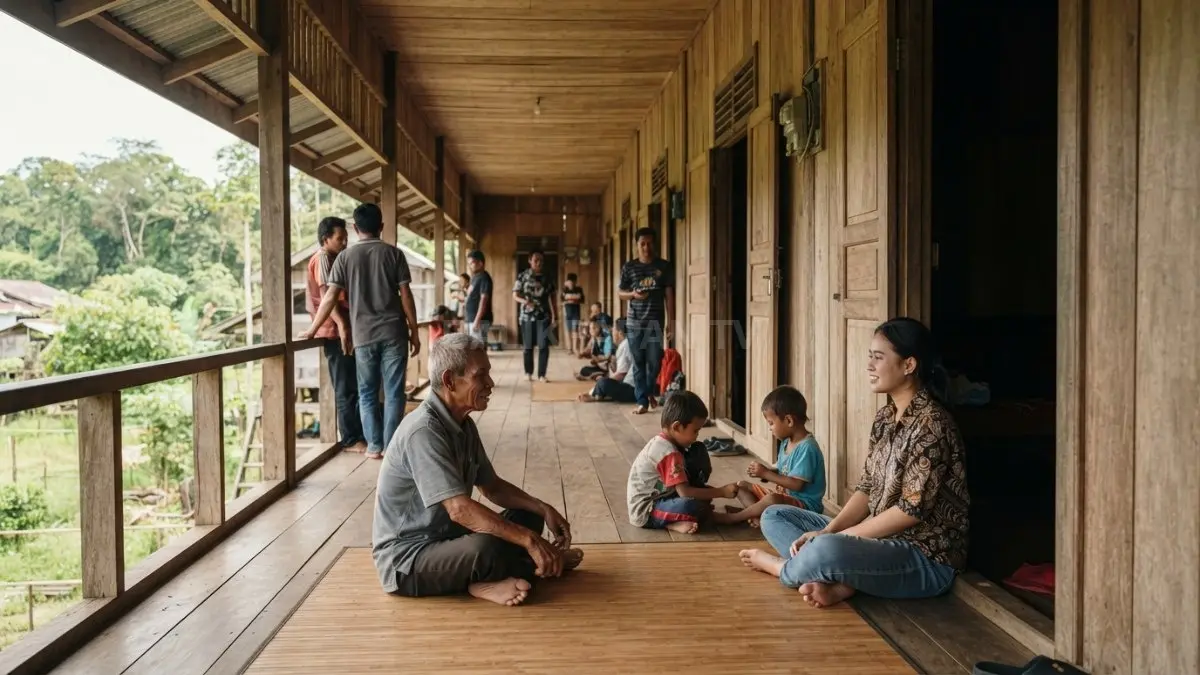 Permukiman tradisional Dayak menunjukkan pembagian ruang privat, komunal, dan terbuka berdasarkan aktivitas serta hubungan sosial. (BTV/AI)