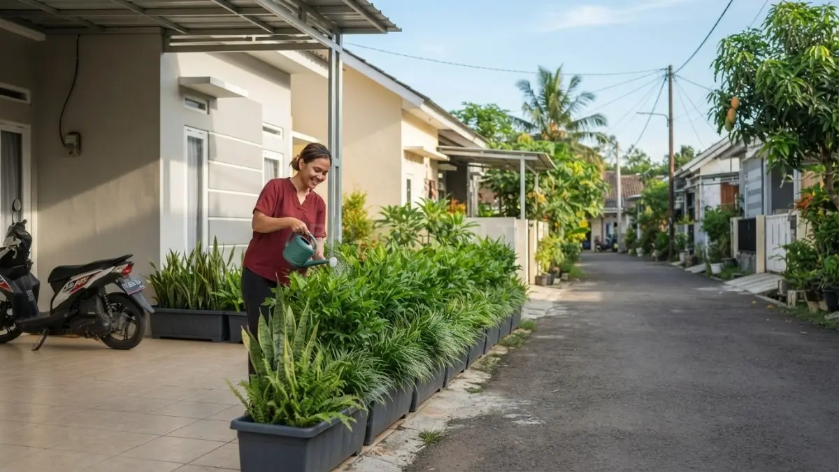 Planter box berjajar menciptakan pagar hijau rapi, fleksibel dipindahkan, serta cocok mempercantik halaman rumah subsidi (BTV/AI)