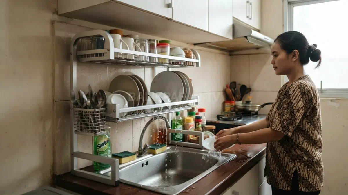 Rak aluminium dua tingkat di atas sink memaksimalkan ruang vertikal, fungsional, kokoh, dan tetap rapi (BTV/AI)