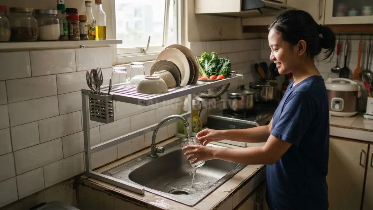 Rak aluminium flat over sink tampil ringkas, menghemat ruang, sekaligus memudahkan penirisan peralatan dapur sehari-hari. (BTV/AI)