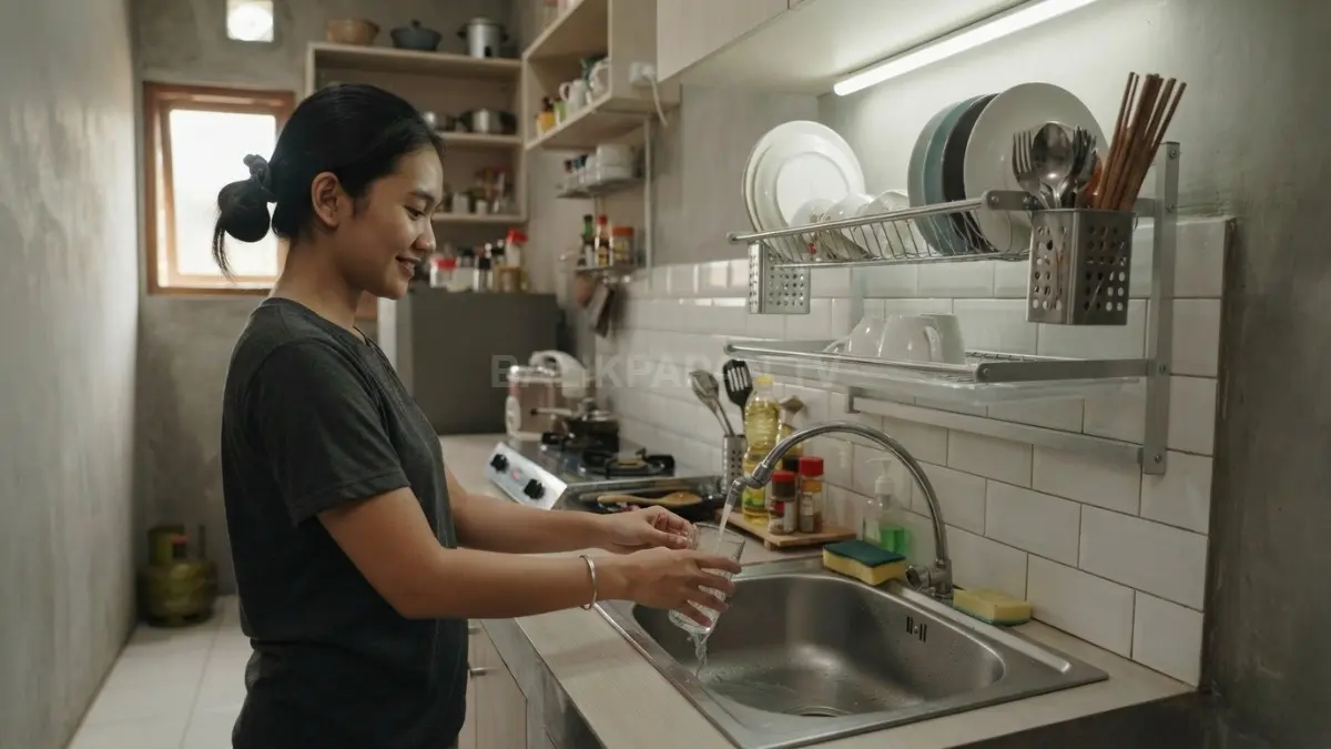 Rak piring aluminium minimalis dua tingkat ditempatkan di atas kitchen sink pada dapur sederhana, dengan piring dan gelas tertata rapi (BTV/AI)