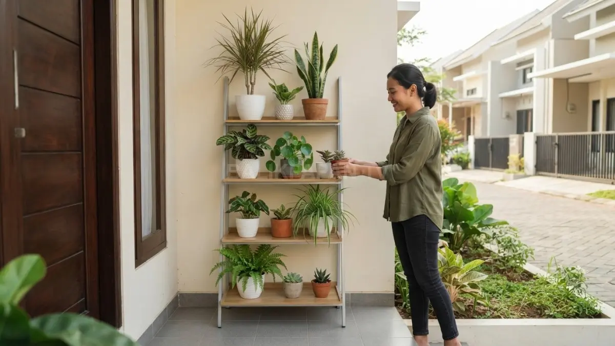 Rak pot bertingkat memanfaatkan sudut teras, menghadirkan tanaman hijau tanpa mengganggu jalur masuk rumah tetap nyaman (BTV/AI)