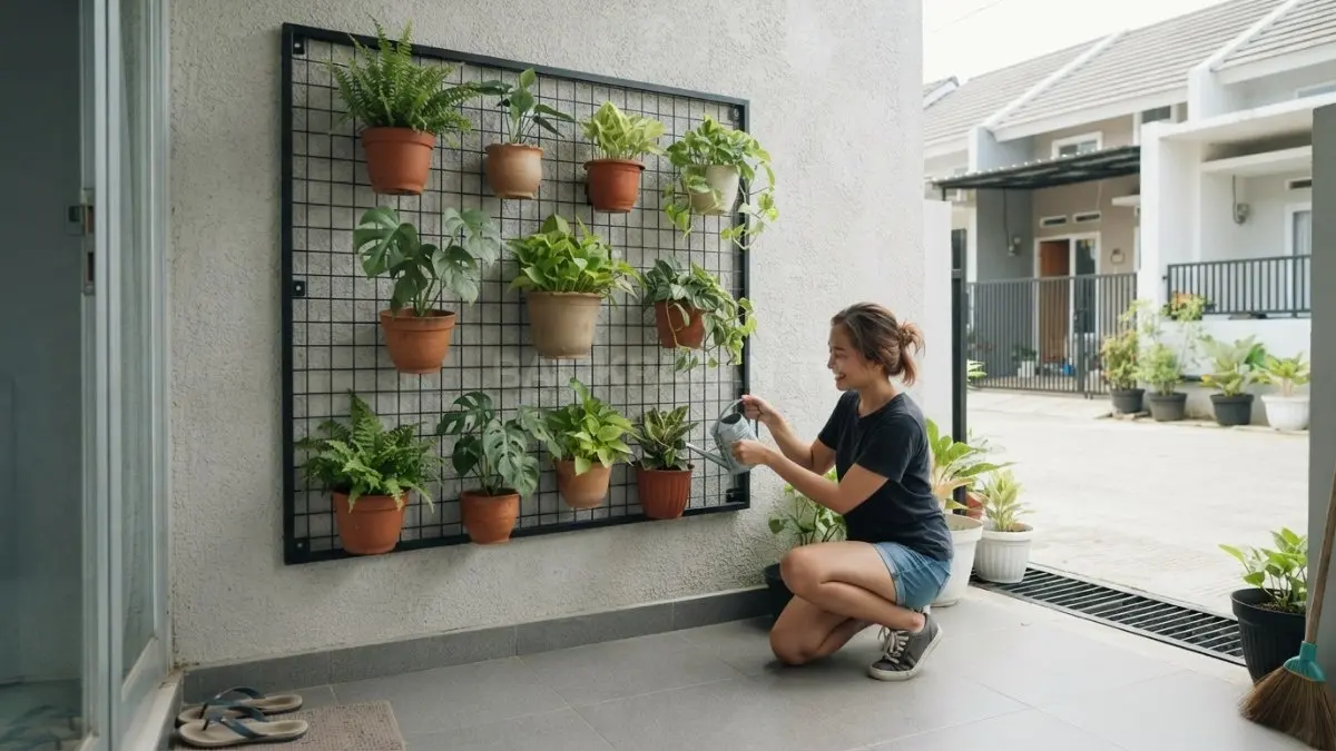 Rak pot grid menempel di dinding menghadirkan taman vertikal hemat ruang untuk teras rumah subsidi. (BTV/AI)