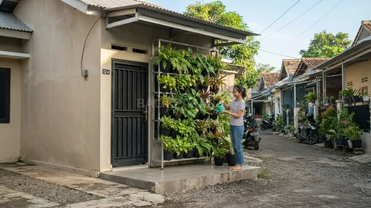 Rak pot grid menempel di dinding, menghemat ruang teras sekaligus menghadirkan taman vertikal yang rapi dan estetik. (BTV/AI)