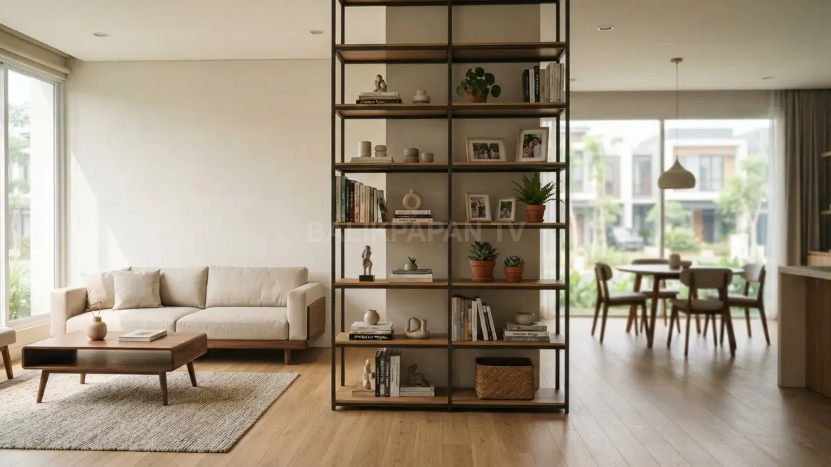 Rak terbuka modern sebagai sekat ruangan fungsional yang menjaga kesan lapang dan terang. (BTV/Ai)