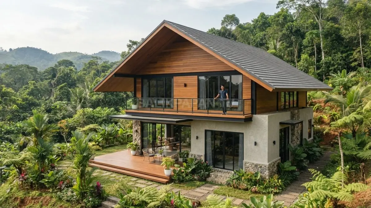 Rumah bergaya chalet Swiss memadukan fasad kayu, atap lebar, balkon, teras, dan lanskap hijau yang harmonis (BTV/AI)