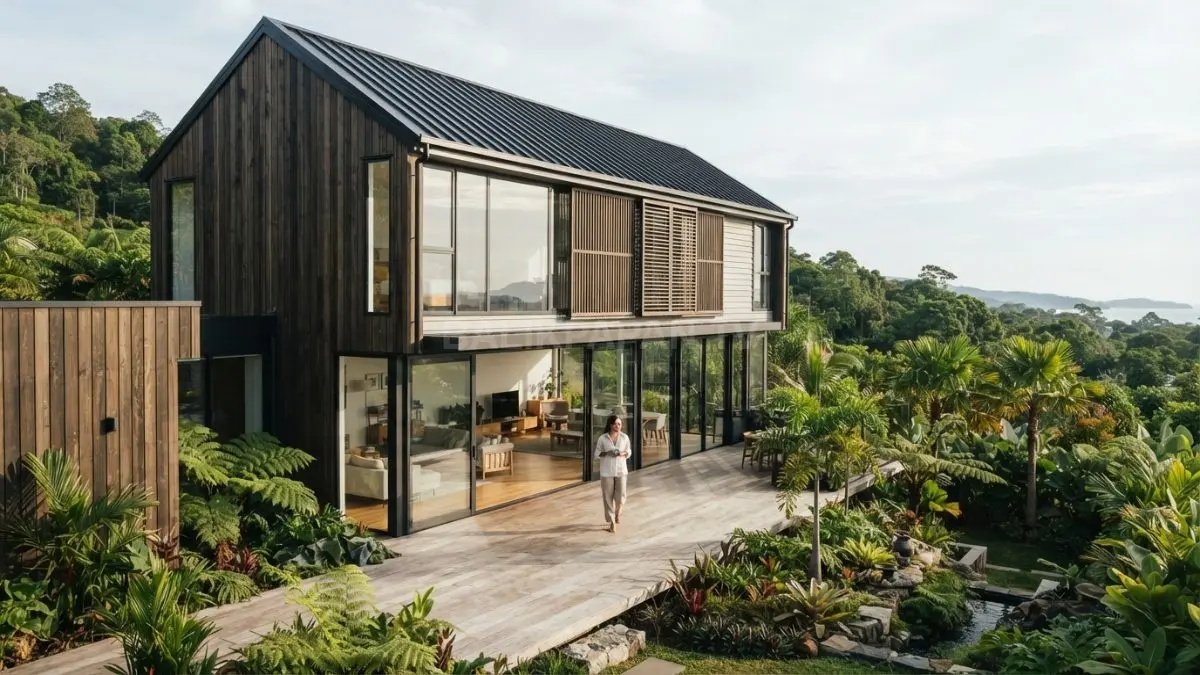 Rumah bergaya New Zealand memadukan kayu, atap gable, kaca besar, teras, serta lanskap hijau natural yang harmonis (BTV/AI)