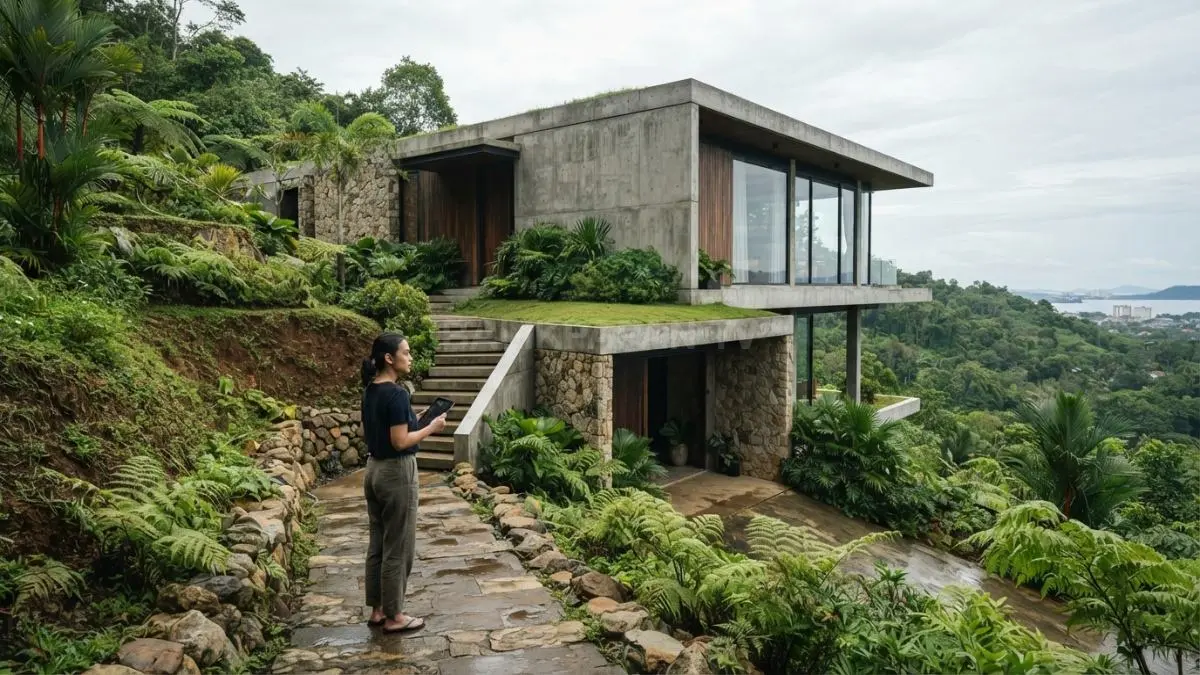 Rumah beton menyatu dengan kontur tanah, batu alam, tanaman, dan lanskap menciptakan hunian modern berkarakter alami (BTV/AI)