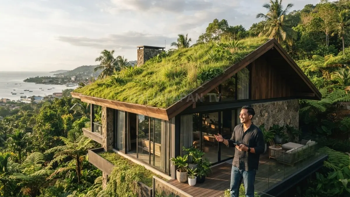 Rumah Islandia dengan atap hijau, dinding kayu, dan lanskap alami menghadirkan kesan hangat sekaligus unik. (BTV/AI)