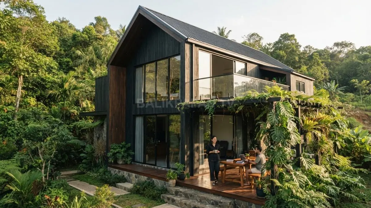 Rumah kayu gelap bergaya New Zealand berpadu lanskap hijau, teras natural, dan tanaman tropis. (BTV/AI)