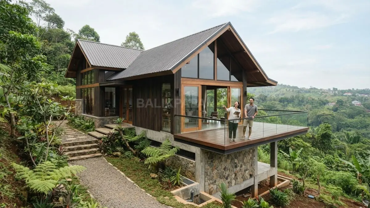 Rumah minimalis mengikuti kontur lahan, memadukan kayu, batu, kaca, dan lanskap alami secara harmonis (BTV/AI)